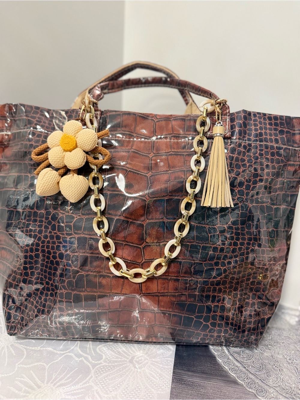 Brown Croc-Embossed Women’s Tote with Gold Chain and Tassel Charm